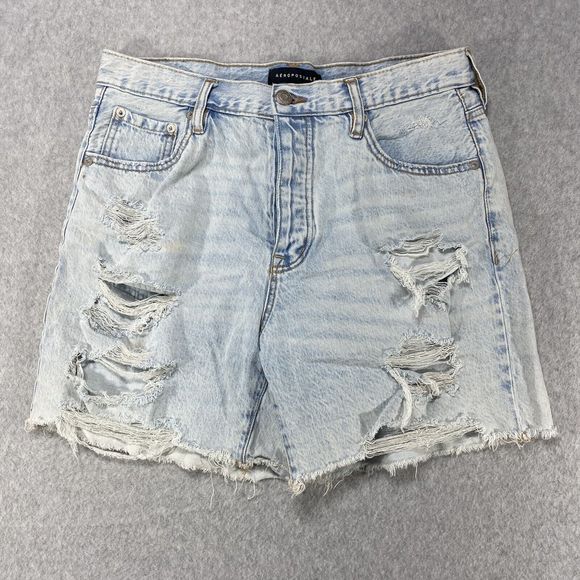Aeropostale Shorts Womens Size 32 Blue Jean Destroyed Button Fly Denim Cut Off - Picture 2 of 11